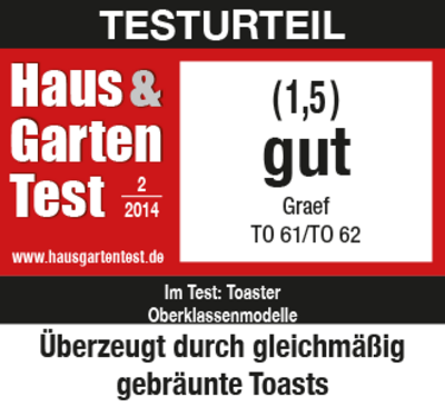 Haus & Garten Test rating: Good (1.5) for Graef Toaster TO 61/TO 62, 2014.