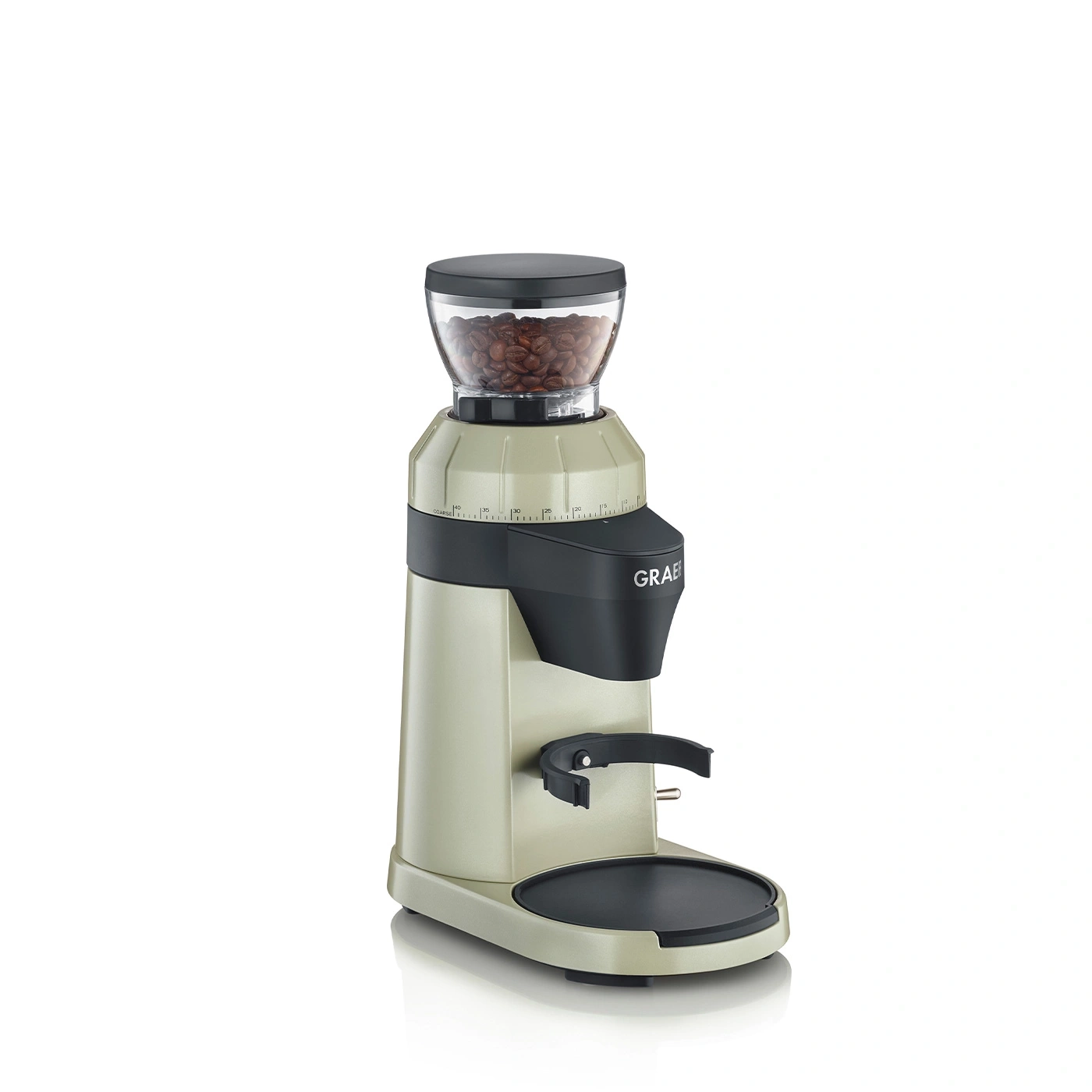 Kaffeemühle mit Bohnen, grau, GRAEF-Logo, Mahlgrad-Einstellung, schwarze Elemente