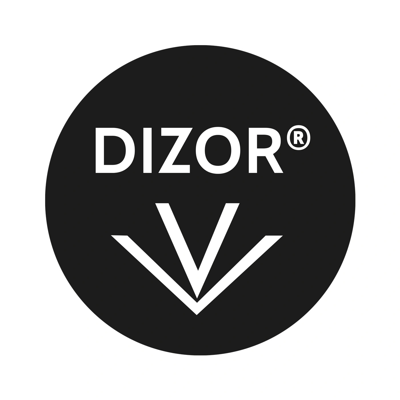 Schwarzer Kreis mit weißem Text und Pfeil nach unten, DIZOR Logo.