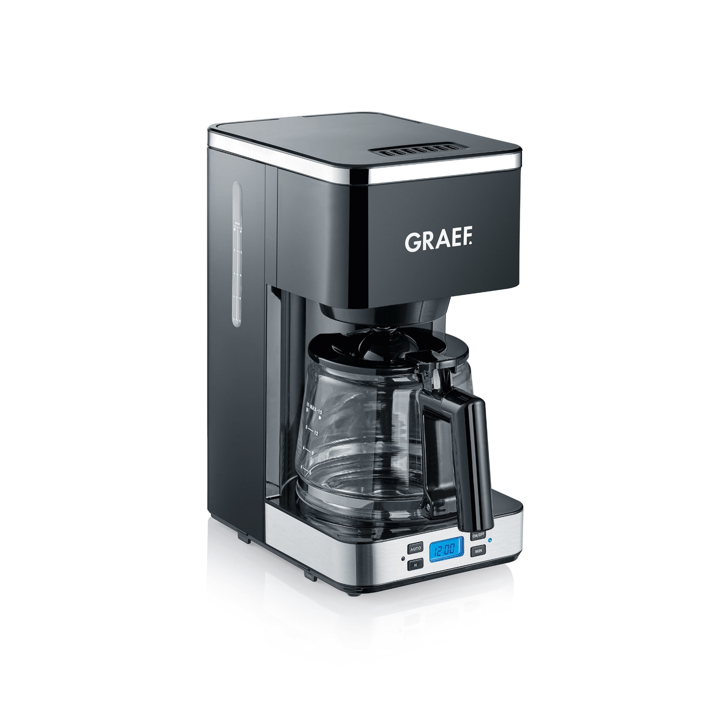 Machine à café noire avec affichage numérique et carafe en verre, marque GRAEF.
