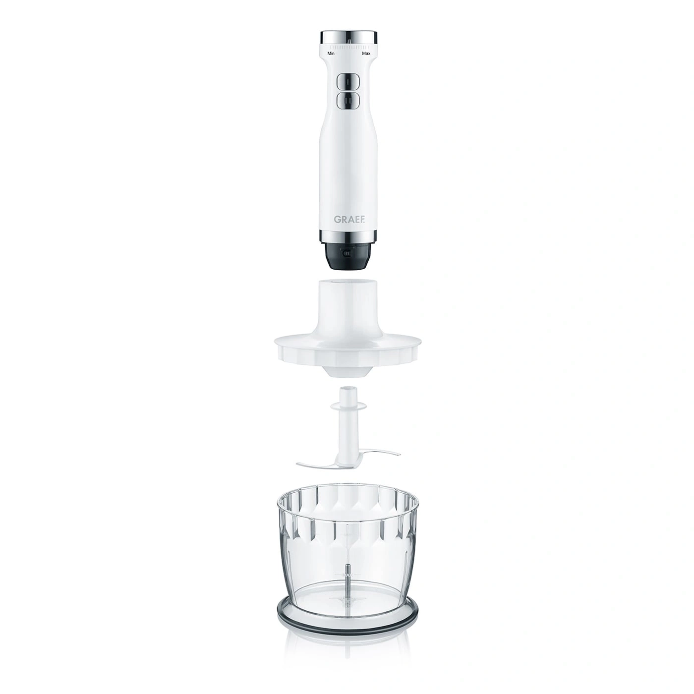 Zerlegter Stabmixer mit Zubehör, weiß, GRAEF, isoliert, Küche, Gerät