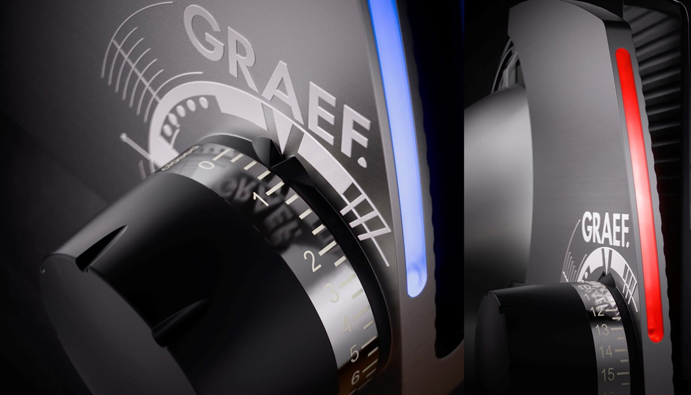 Nahaufnahme einer Kaffeemühle mit Einstellrad und GRAEF-Logo