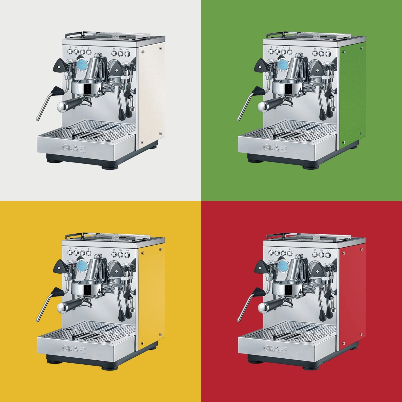 Kaffeemaschine in vier Farben: creme, grün, gelb und rot auf farbigen Hintergründen.