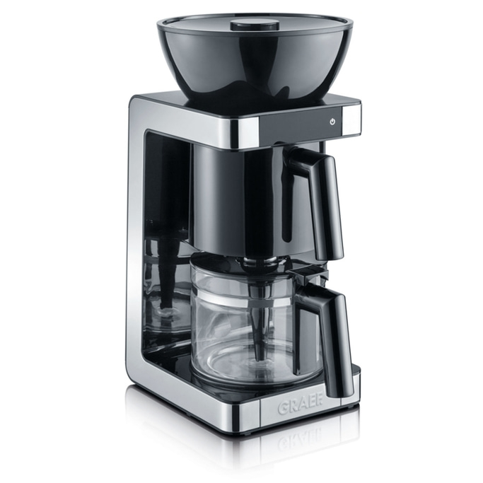 Black coffee machine with glass carafe and integrated grinder, Graef logo visible.