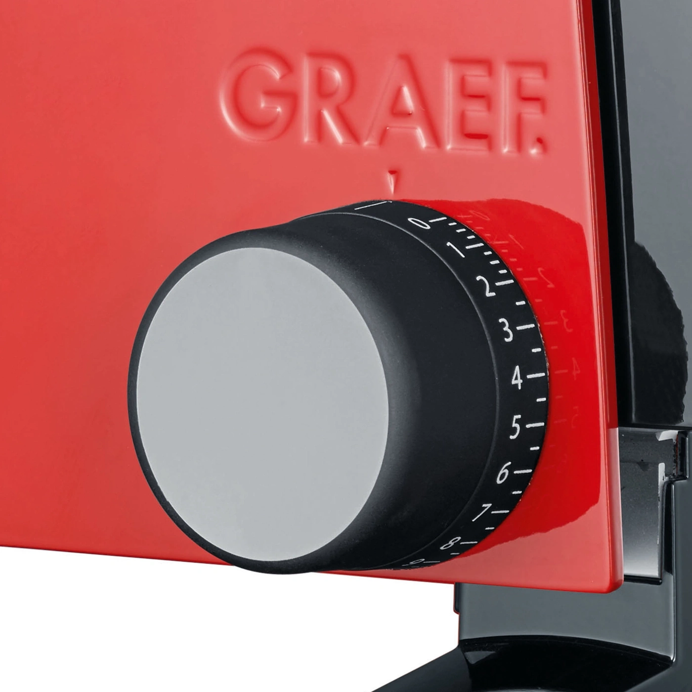 Rote Küchenmaschine von Graef mit Einstellknopf und Skala