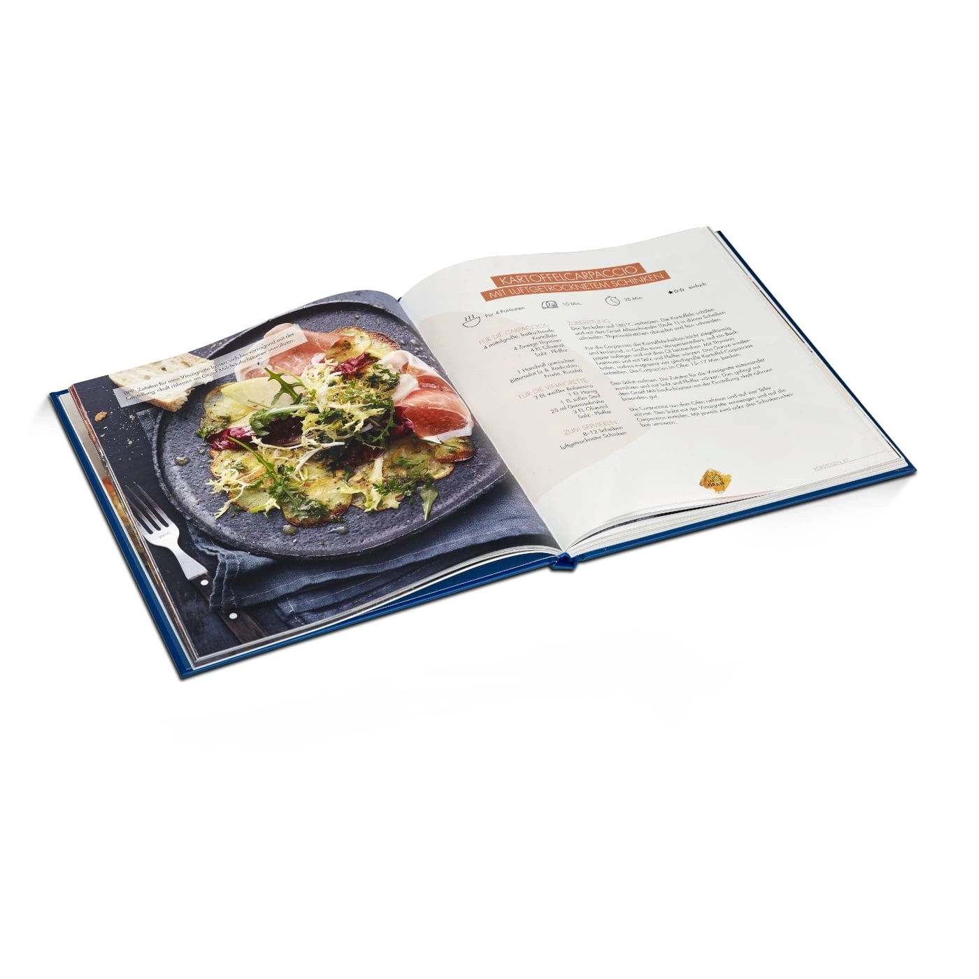 Kochbuch mit Kartoffelcarpaccio und luftgetrocknetem Schinken Rezept, Essen, Kochen