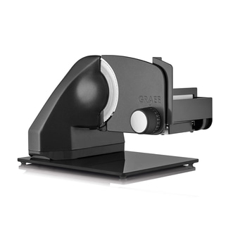 Schwarze elektrische Aufschnittmaschine mit silberner Klinge und GRAEF-Logo.