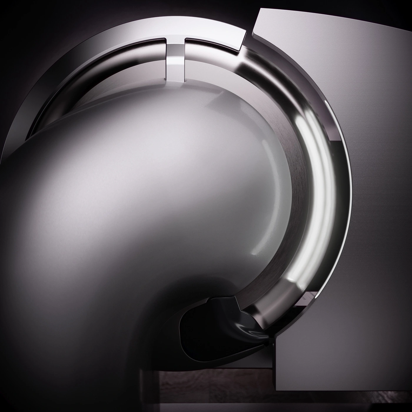 Abstrakte Metallstruktur mit glänzenden Oberflächen und eleganten Kurven, futuristisch.