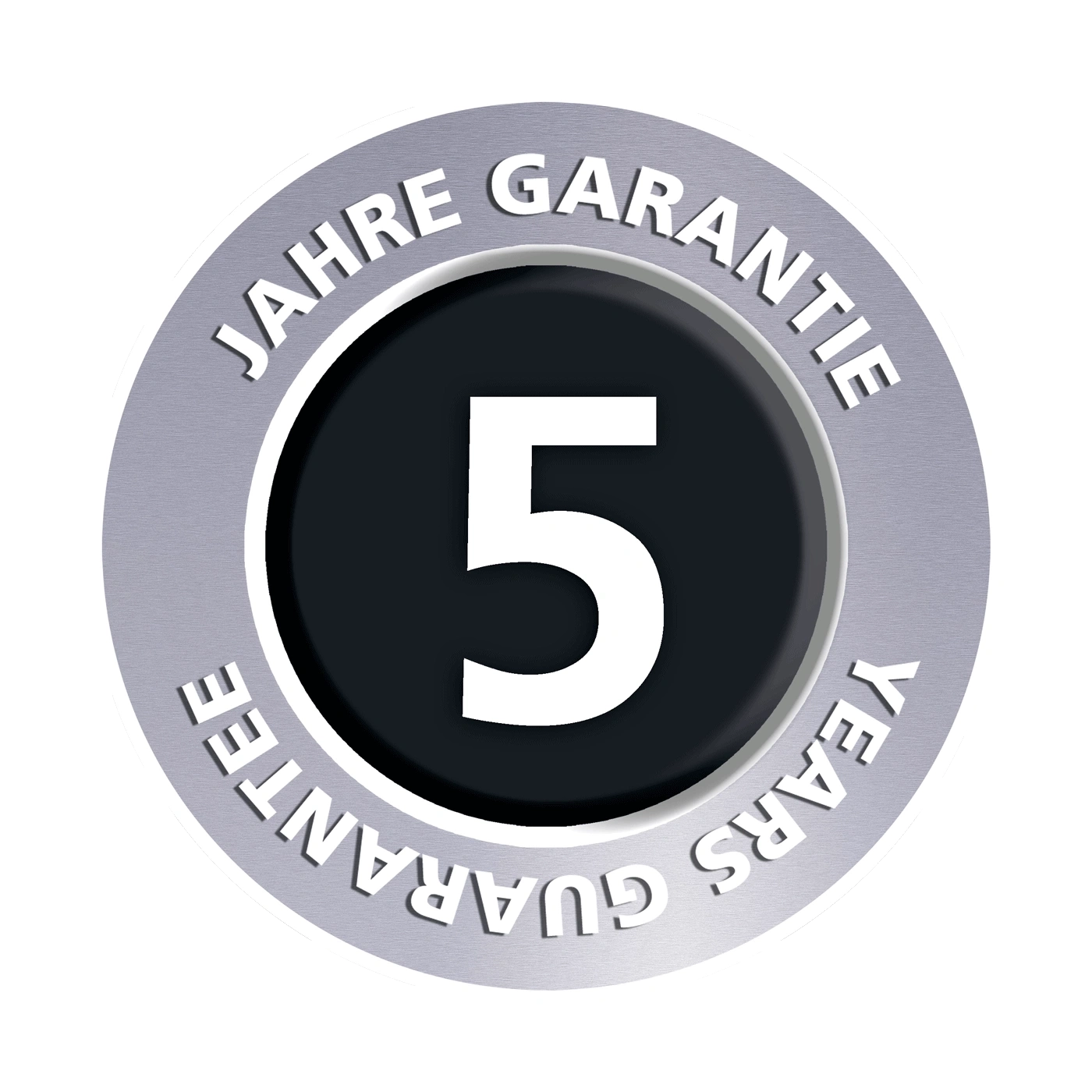 5 Jahre Garantie, silberner Kreis, schwarzer Hintergrund, weißer Text