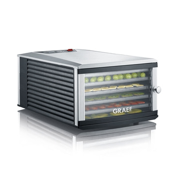 Graef Dörrautomat mit transparenten Fächern und rotem Knopf, gefüllt mit geschnittenem Obst