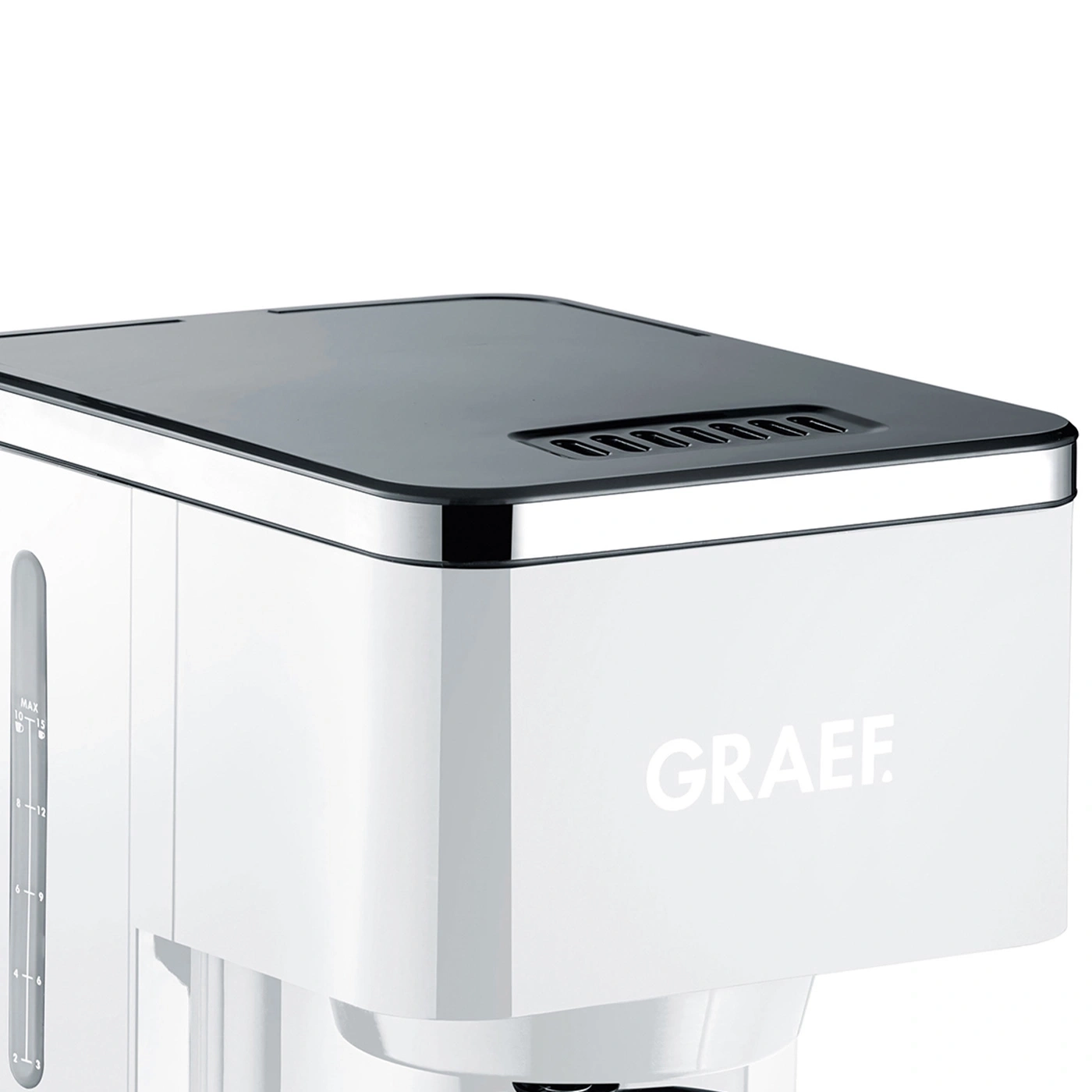 Weißer Kaffeeautomat mit der Aufschrift GRAEF und einem schwarzen Deckel.