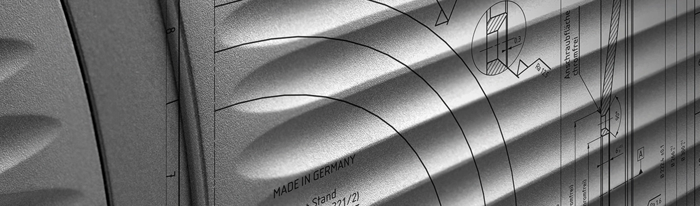 Technische Zeichnung mit Maßangaben, Made in Germany, Detailansicht, Winkel, Kreise