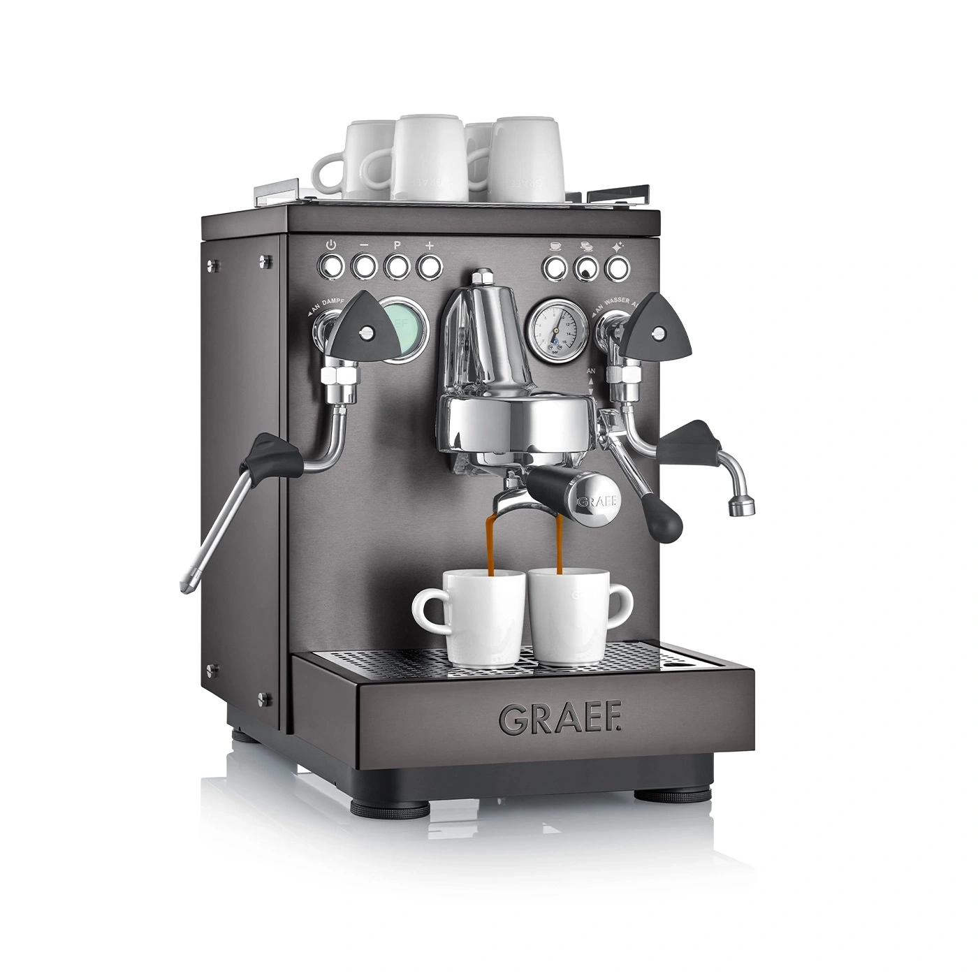 Espressomaschine, zwei Tassen, Kaffee, Graef, Edelstahl, Getränk, Zubereitung