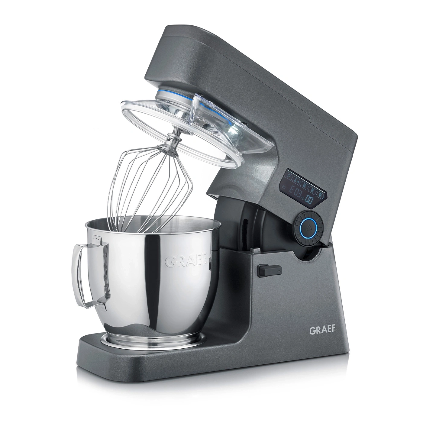 Graue Küchenmaschine mit Rührbesen und Schüssel, Marke GRAEF, isoliert