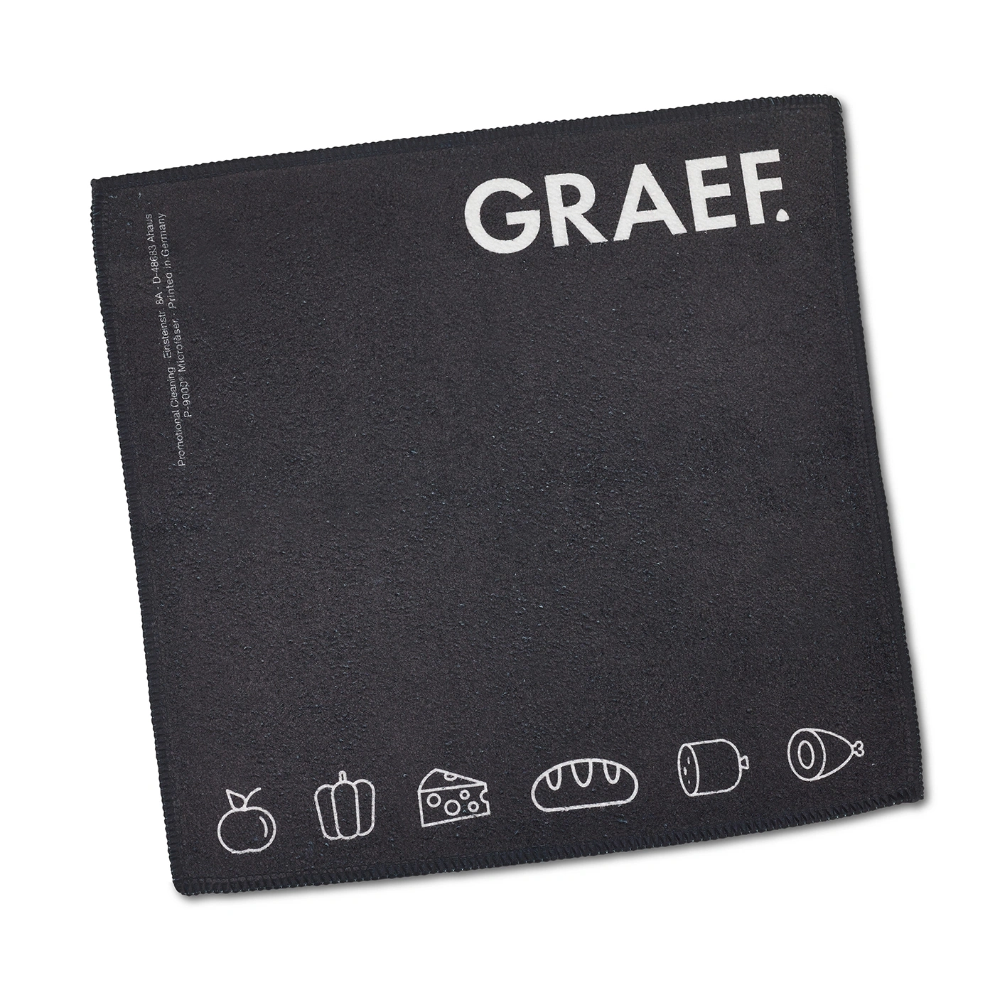 Schwarzes Mikrofasertuch mit "GRAEF"-Logo und Lebensmittel-Icons.