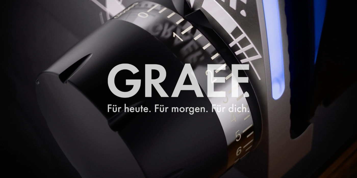 GRAEF-Produkt, Nahaufnahme, Fokus auf das Einstellrad, Text: Für heute. Für morgen. Für dich.