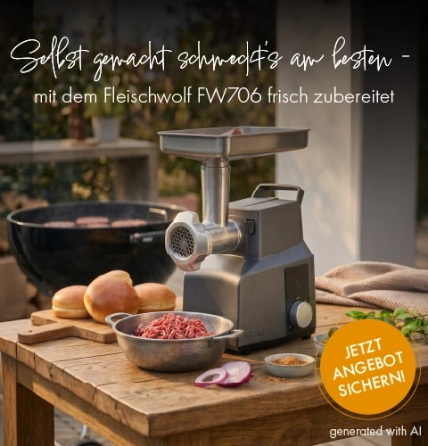 Fleischwolf auf Holztisch mit Grill und Burgern
