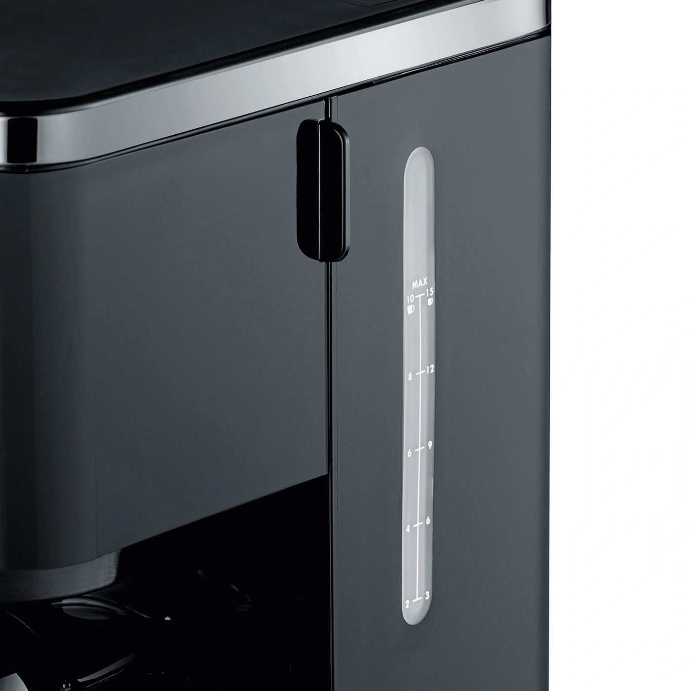 Kaffeemaschine, Wasserstandsanzeige, schwarzes Design, Küchengerät, Detailaufnahme, Nahaufnahme, modern