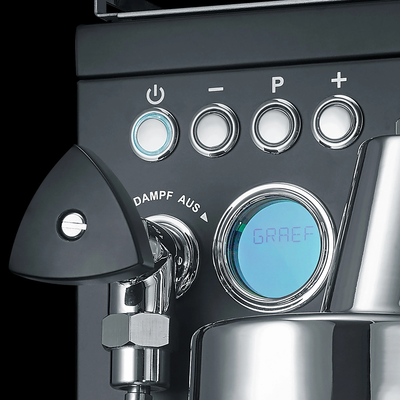 Kaffeemaschine mit Knöpfen, Dampf und GRAEF-Anzeige. Schwarzes Design.