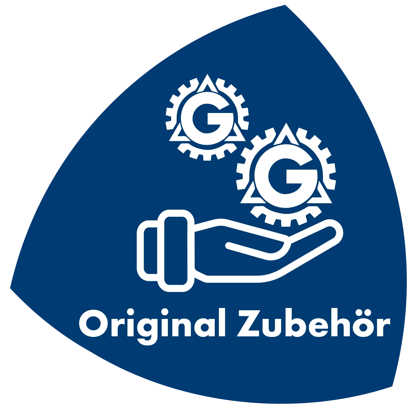 Blaues Logo mit Zahnrädern, Hand und Schriftzug Original Zubehör.