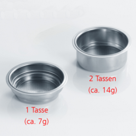 Two espresso portafilter baskets: 1 cup (approx. 7g) and 2 cups (approx. 14g).