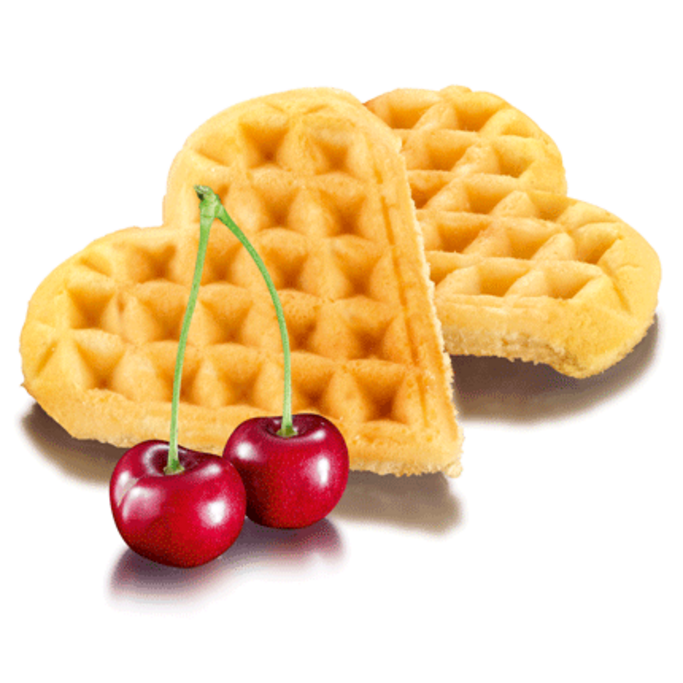 Waffle a forma di cuore con ciliegie, una deliziosa colazione o dessert.
