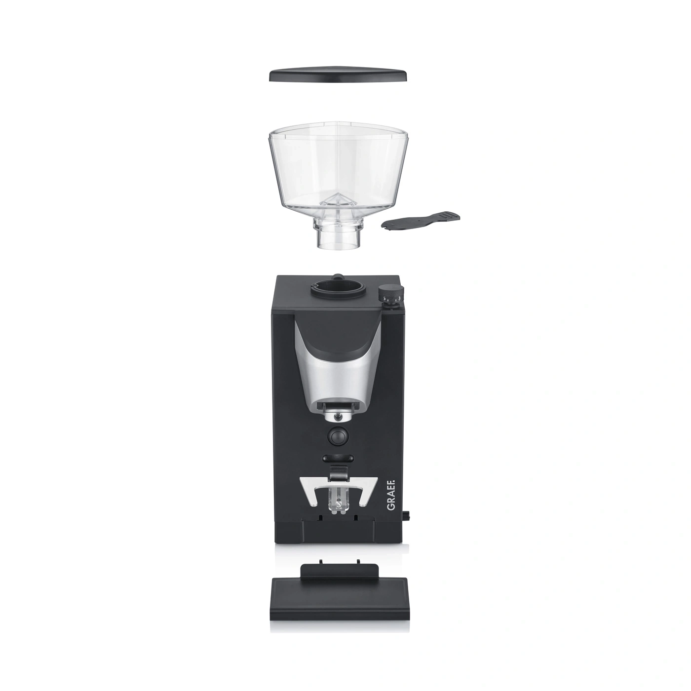 Explodierte Ansicht einer Kaffeemühle mit Einzelteilen, schwarz.