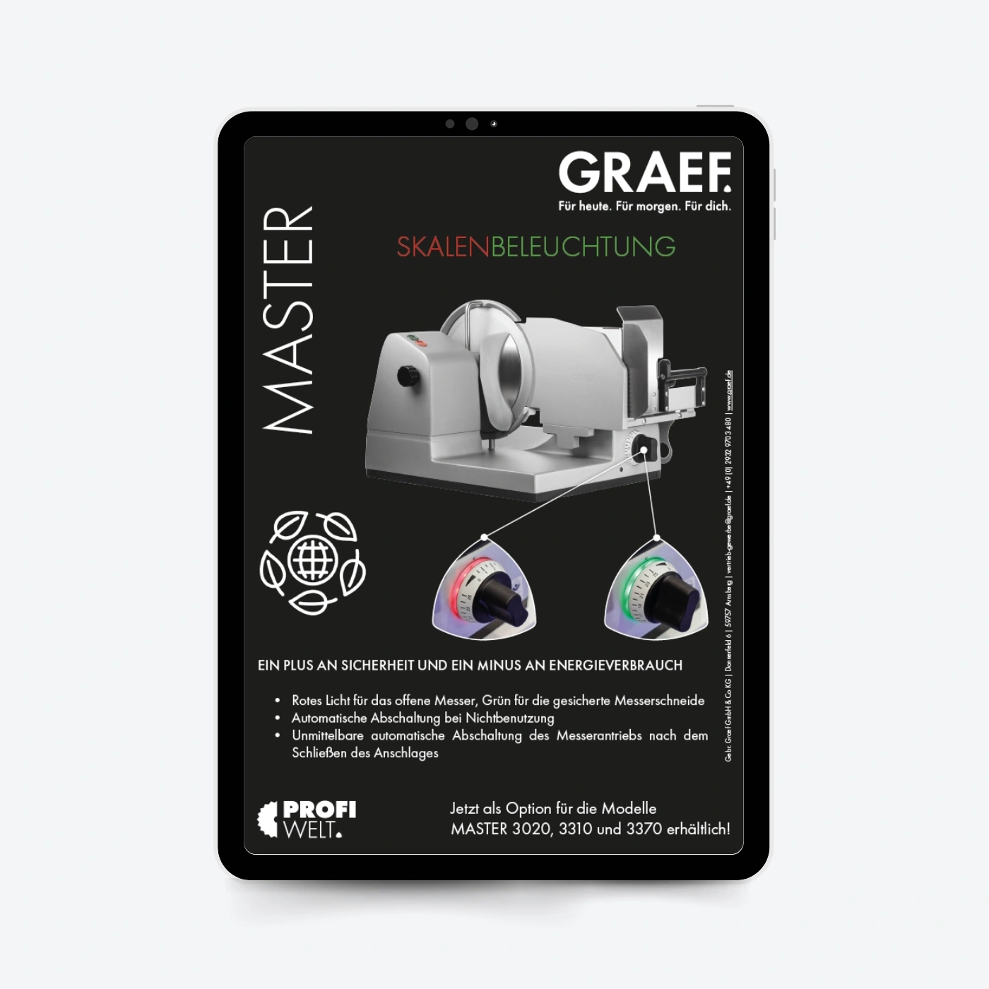 Graef Master Skalenbeleuchtung, Sicherheit und Energieverbrauch, Modelle 3020, 3310, 3370