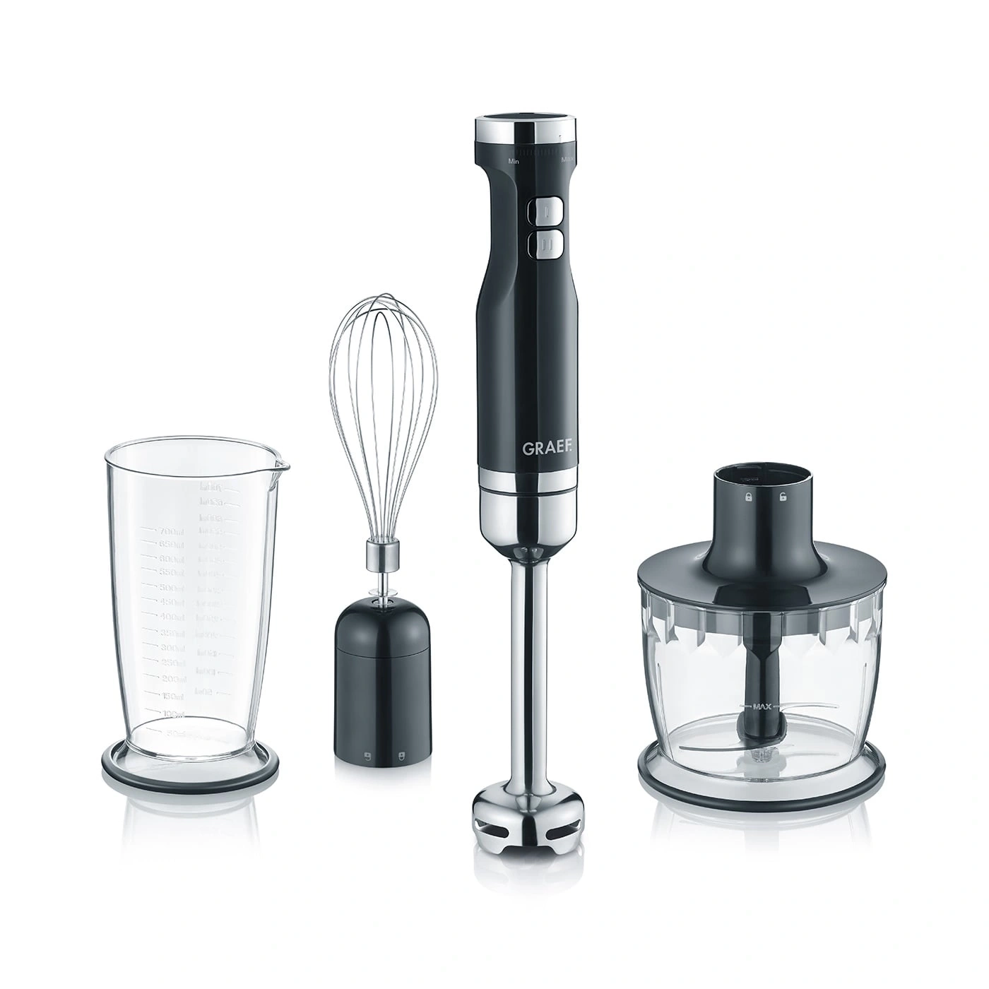 Schwarzer Stabmixer mit Zubehör: Becher, Schneebesen, Zerkleinerer, Messbecher, Küchengerät