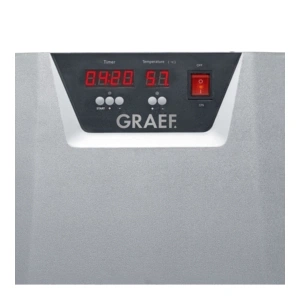 Graef Gerät mit roter Anzeige für Timer und Temperatur, sowie Ein-Aus-Schalter.