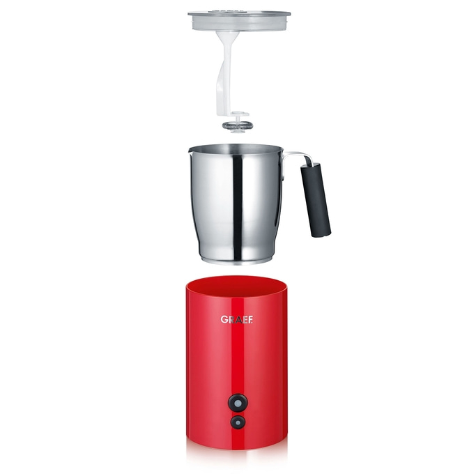 Montalatte rosso con caraffa, coperchio e base, isolato su sfondo bianco.