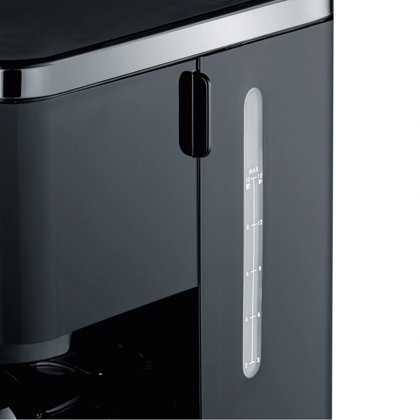 Kaffeemaschine mit Wasserstandsanzeige und schwarzem Design, Nahaufnahme