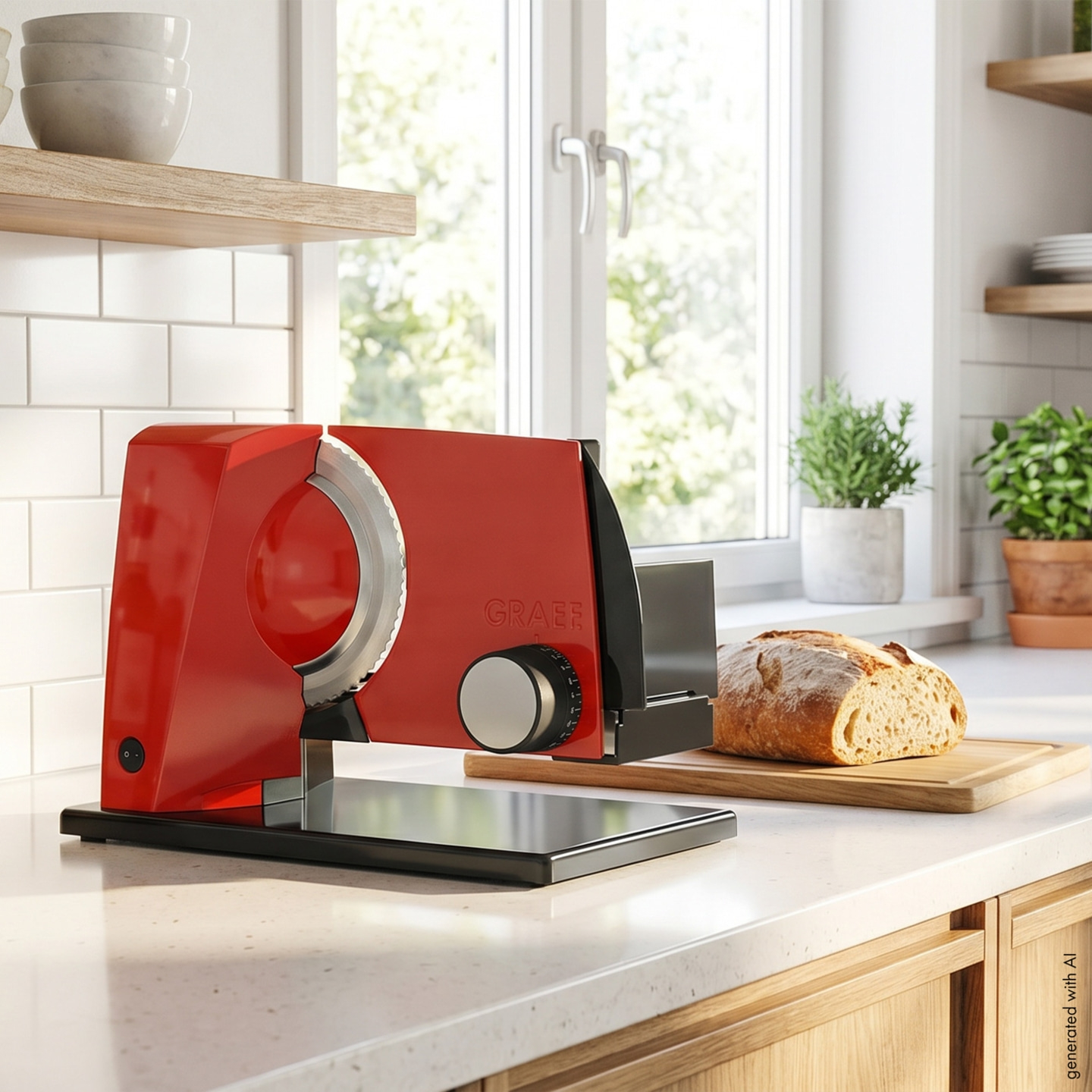 Ein roter GRAEF-Schneider neben einem Brotlaib auf einer Küchenarbeitsplatte.