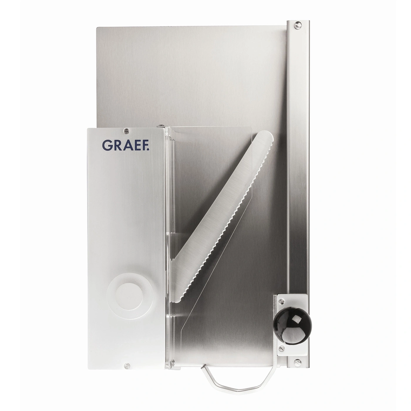 Graef-Allesschneider mit Sägemesser und schwarzem Knopf. Edelstahl.