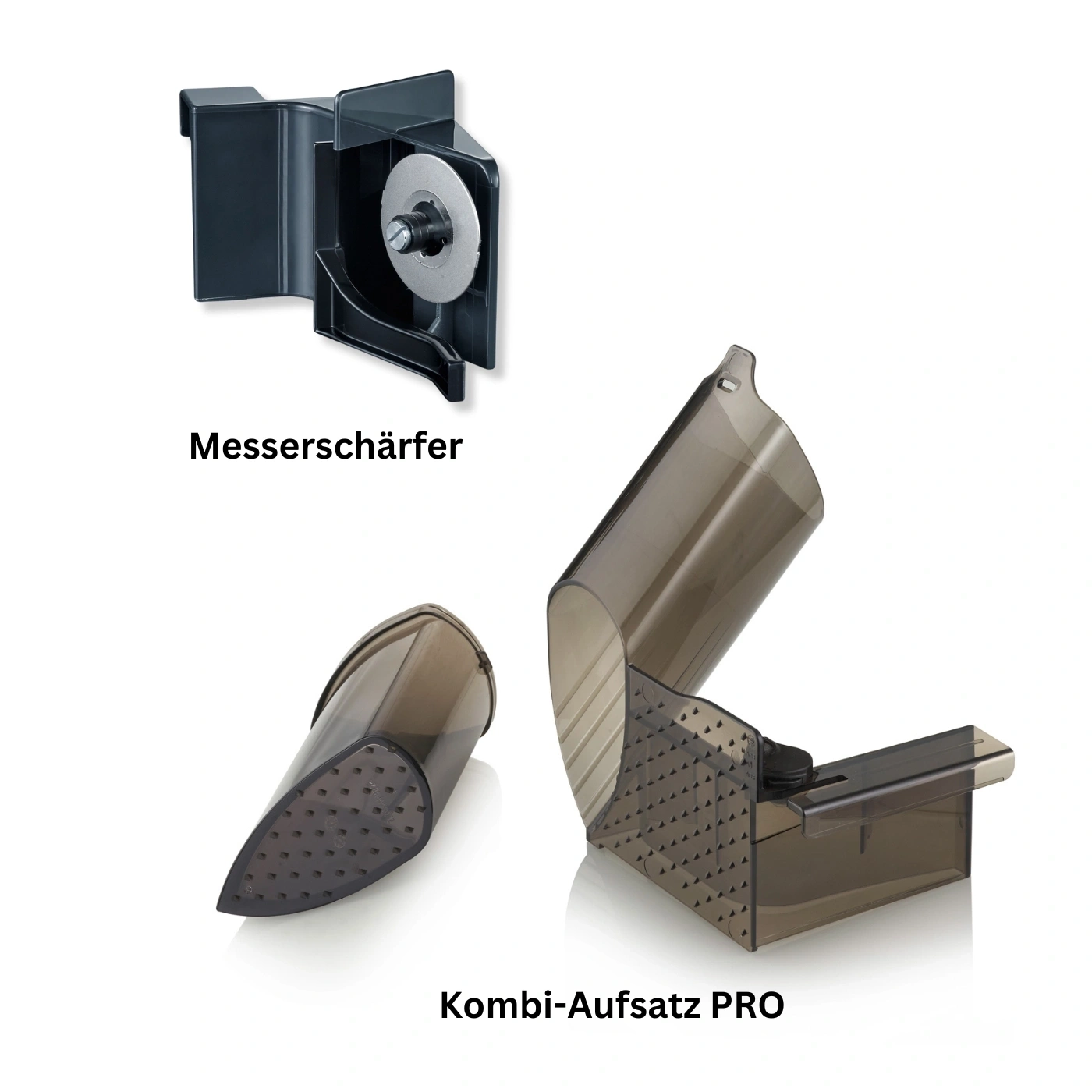 Messerschärfer und Kombi-Aufsatz PRO. Schwarze Küchenutensilien. Zubehör.