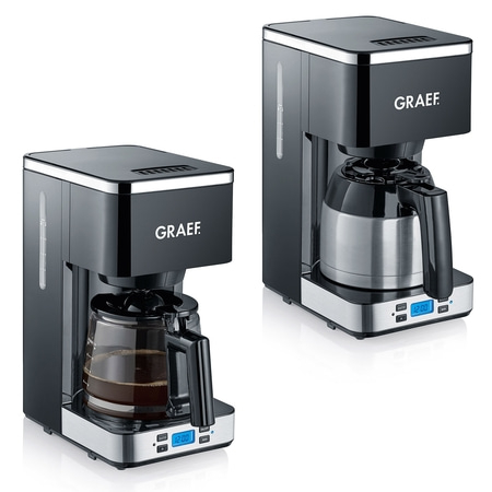 Two black coffee makers with digital display and GRAEF logo on them.