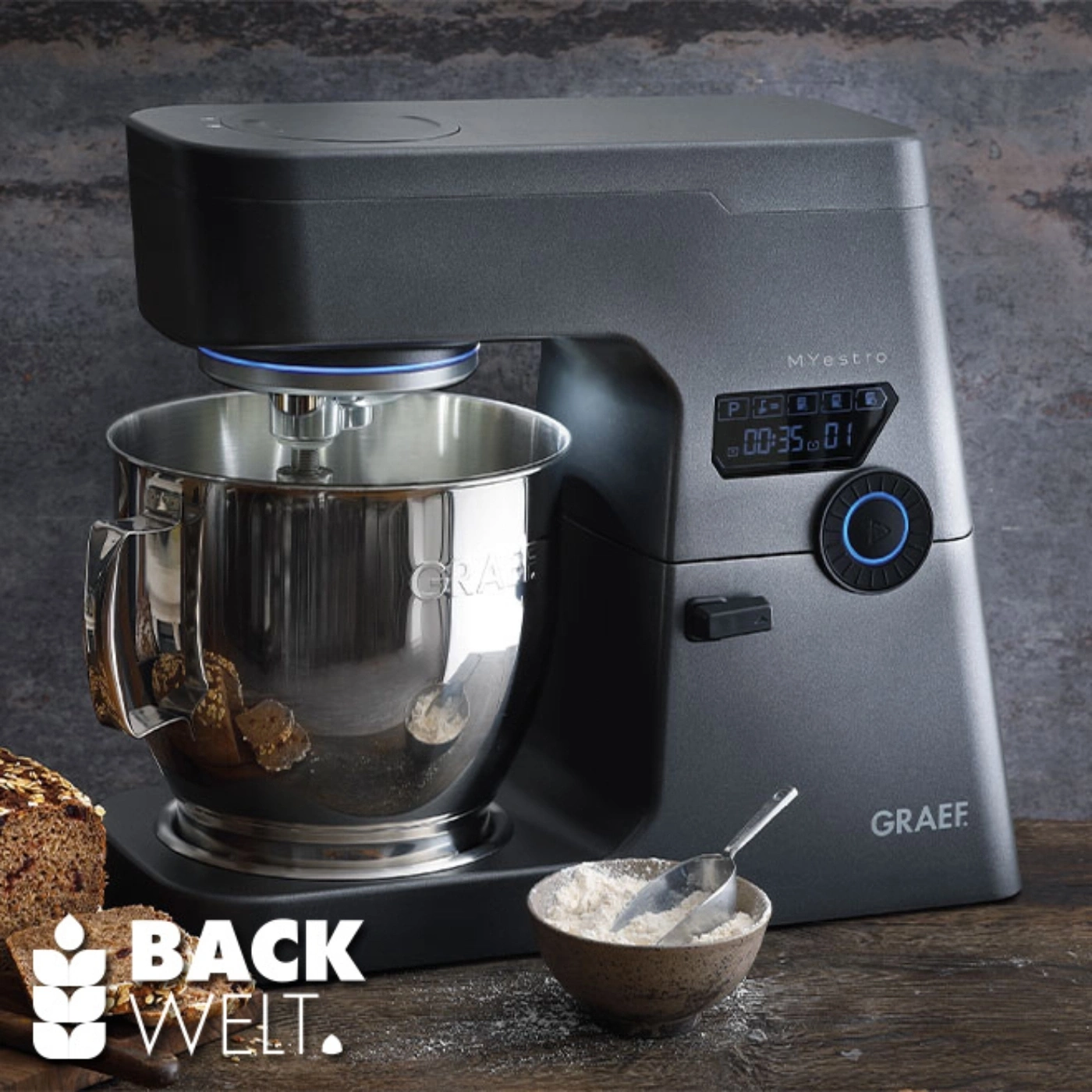 Graef Küchenmaschine, Backwelt, Brot, Mehl, Schüssel, Edelstahl, Myestro, Küchengerät