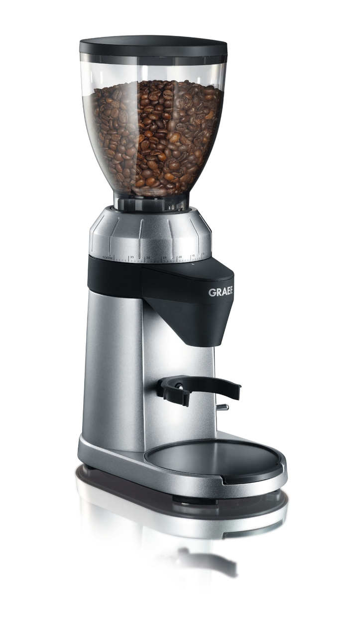 Kaffeemühle mit Bohnen, silberfarben, Marke GRAEF, für Kaffeezubereitung