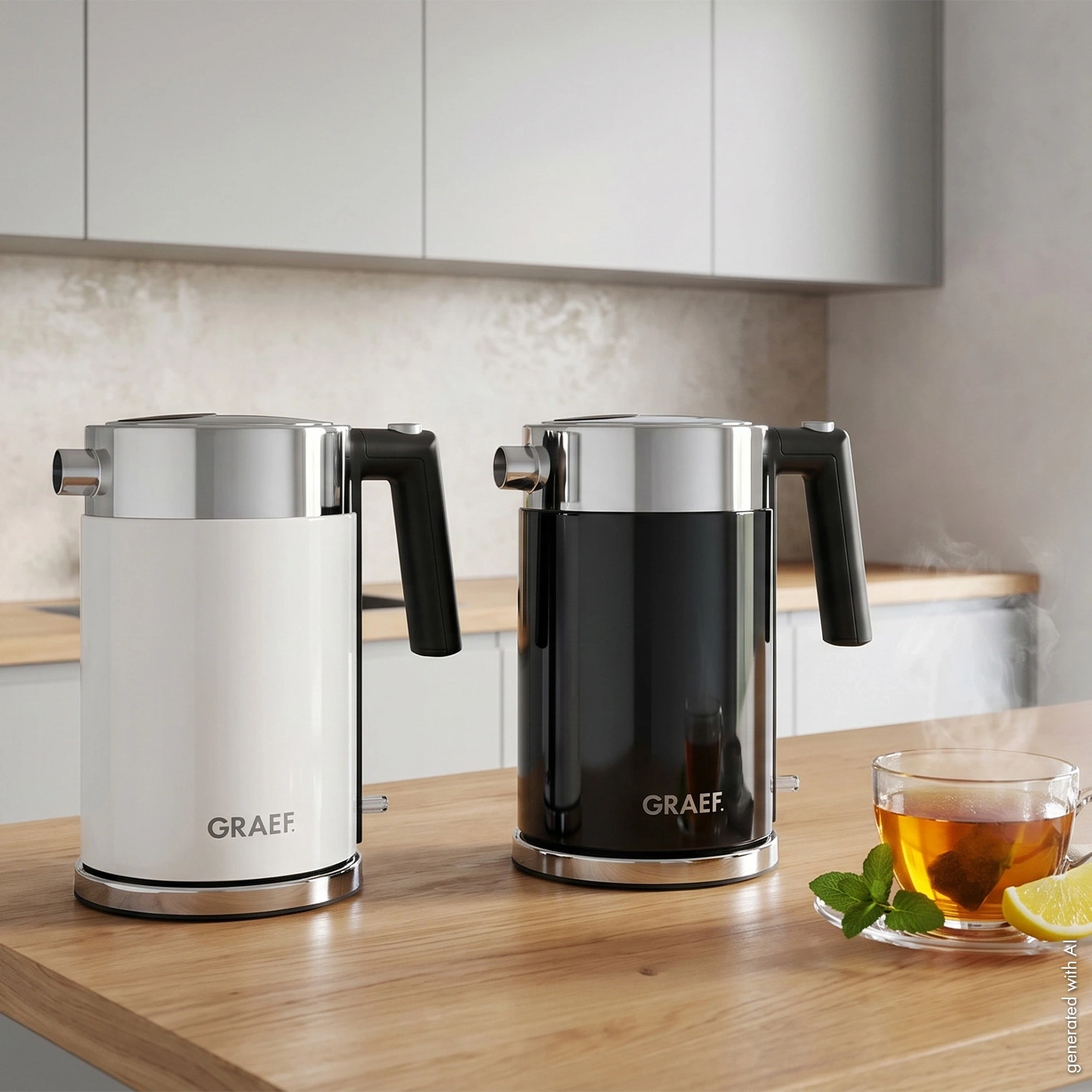 Zwei GRAEF Wasserkocher, einer weiß, einer schwarz, mit einer Tasse Tee daneben.
