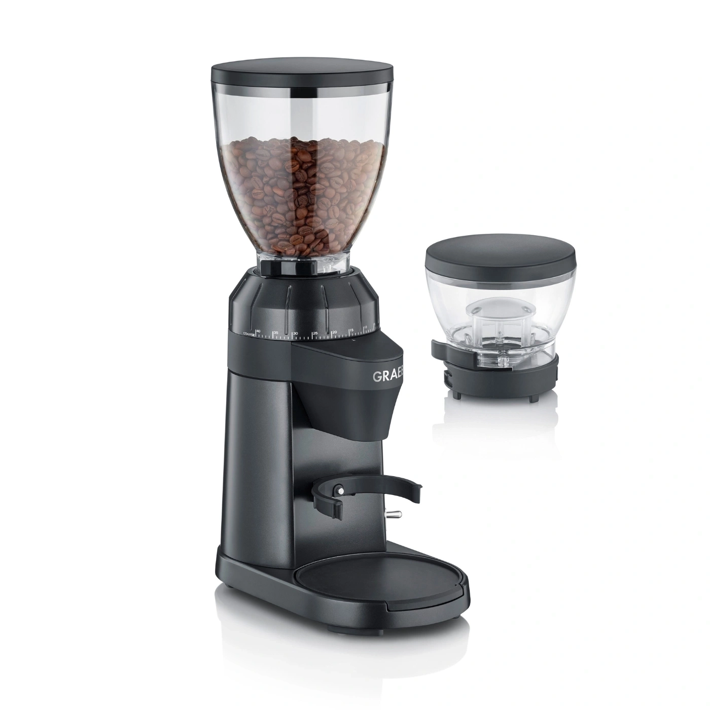 Kaffeemühle mit Bohnen und zusätzlichem Behälter, schwarz