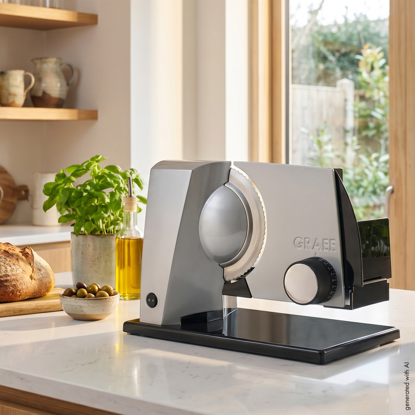 Eine elektrische Aufschnittmaschine von GRAEF mit Brot und Oliven auf einer Küchentheke.