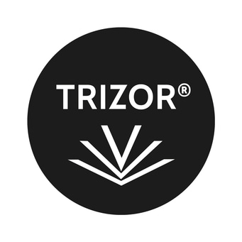 TRIZOR Logo in einem schwarzen Kreis mit weißer Schrift und Symbol