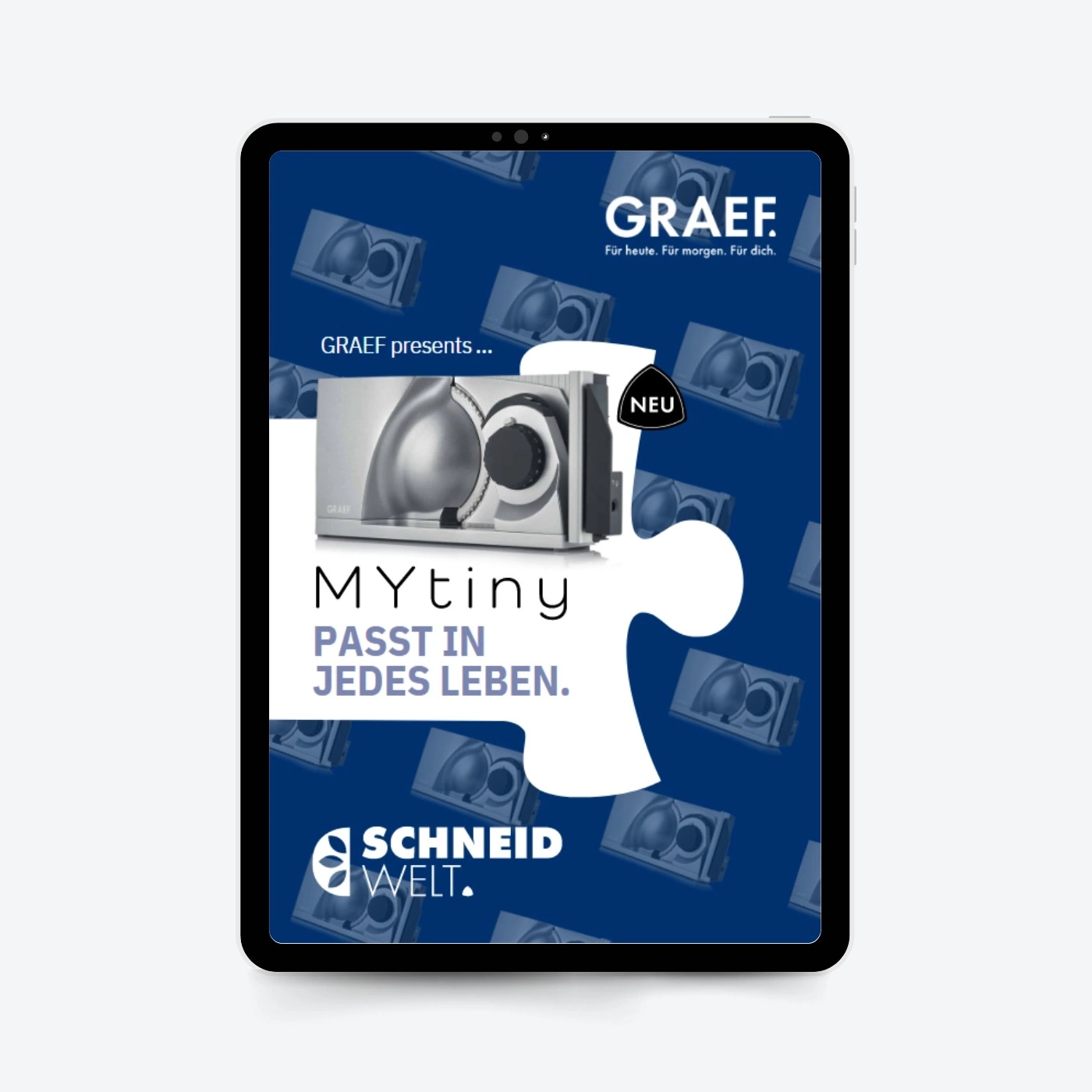 GRAEF-Werbung auf einem Tablet: MYtiny, passt in jedes Leben, NEU.