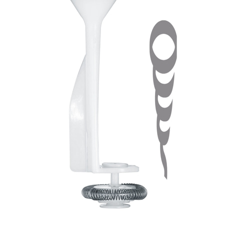Utensile da cucina bianco con spirale e ombra su sfondo bianco.