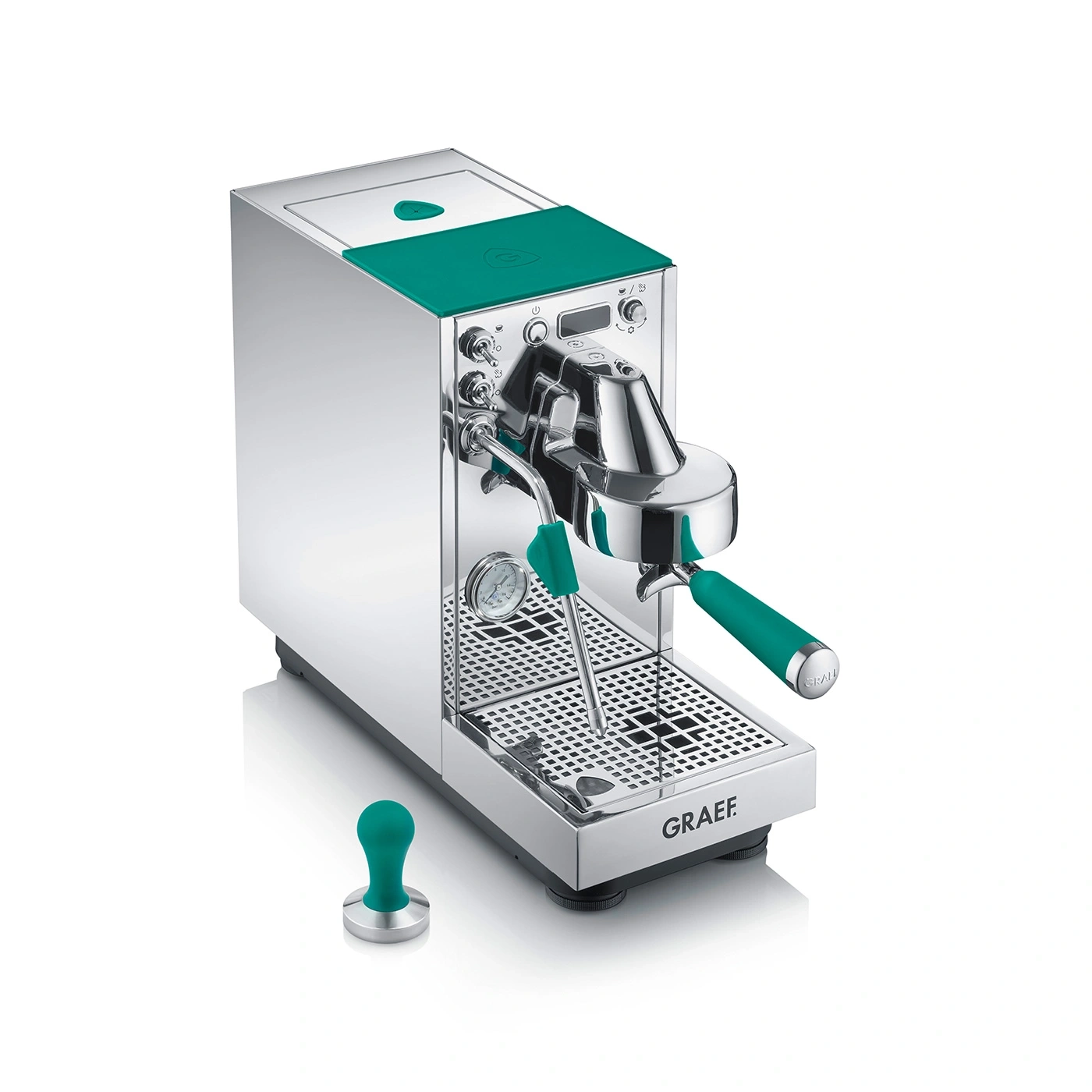 Eine silberne Espressomaschine mit türkisfarbenen Akzenten und Zubehör