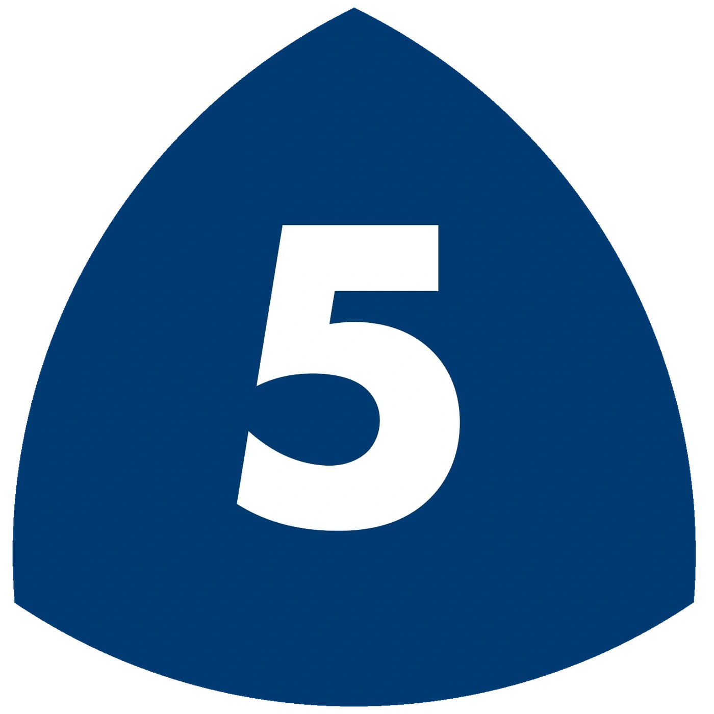 Blaues Dreieck mit weißer Zahl 5, Autobahnschild, Straßenmarkierung, Verkehrsschild