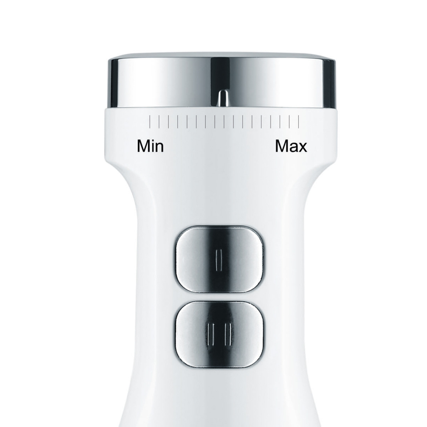 White device with buttons, Min and Max, chrome details, dial, kitchen appliance, blender