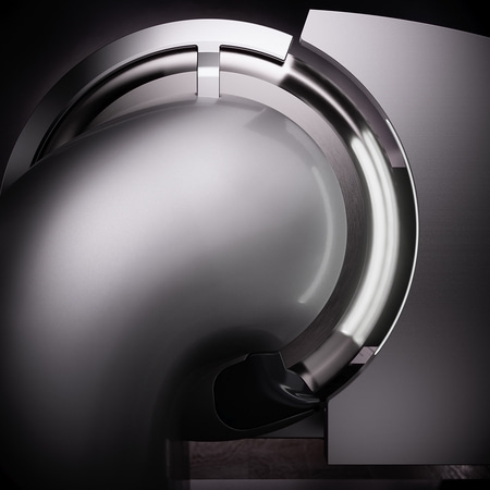 Abstrakte Metallstruktur mit glänzenden Oberflächen und eleganten Kurven, minimalistisch.