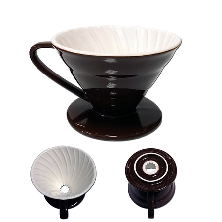Filtro per caffè in ceramica, marrone e bianco, con manico e piattino