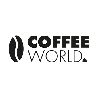 Coffee World logo featuring a coffee bean and the brand name